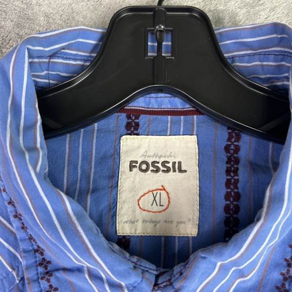 Fossil Vintage Fit Shirt XL Western Blue Brown Button Up Long Sleeve Pearl Snaps - Picture 6 of 11